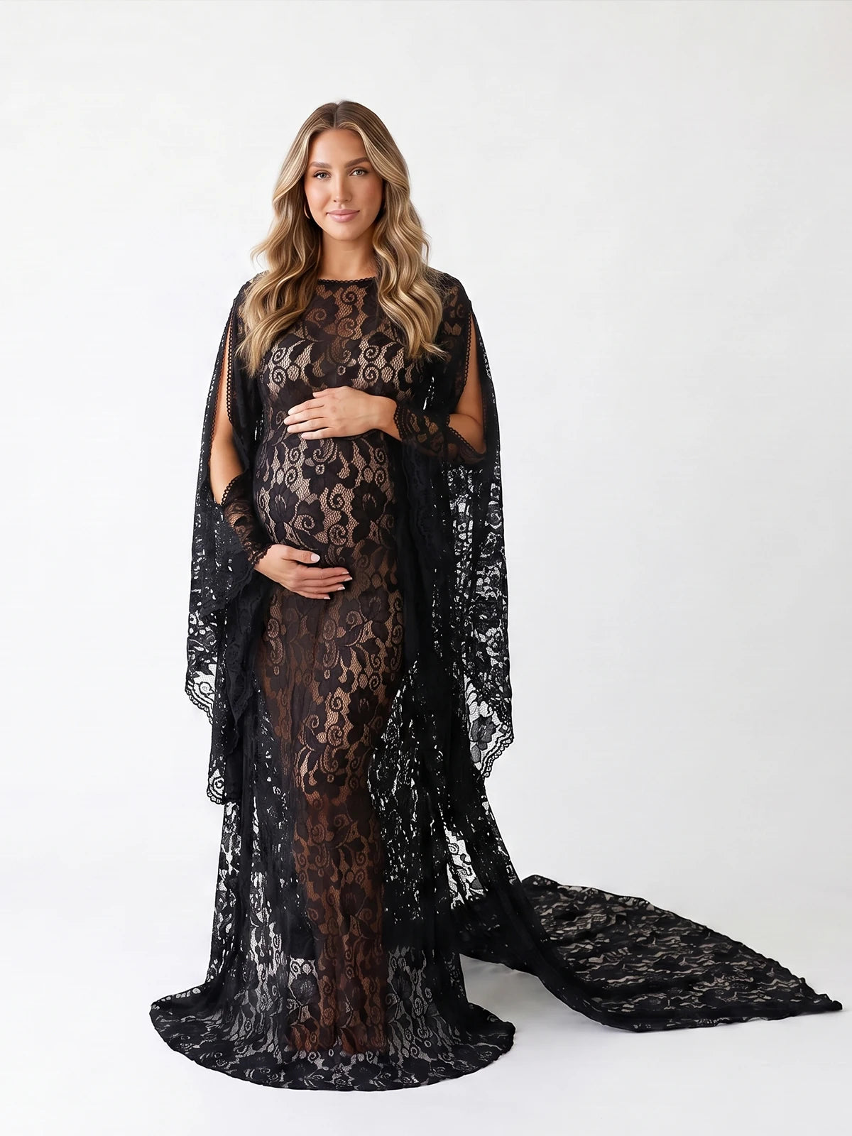 Black Maternity Gown with Cape Sleeves, Lace Pregnancy Dress for Maternity Photoshoot, Outdoor Photography, Pregnancy Portraits | Bumplook