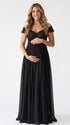 A black lace off shoulder maternity maxi dress with a flowing chiffon skirt for baby shower, maternity photoshoot, gender reveal and formal pregnancy occasions.