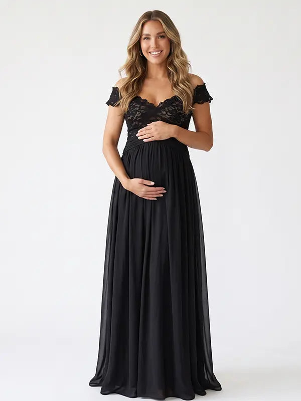 A black lace off shoulder maternity maxi dress with a flowing chiffon skirt for baby shower, maternity photoshoot, gender reveal and formal pregnancy occasions.