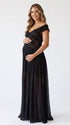 A black lace off shoulder maternity maxi dress with a flowing chiffon skirt for baby shower, maternity photoshoot, gender reveal and formal pregnancy occasions.