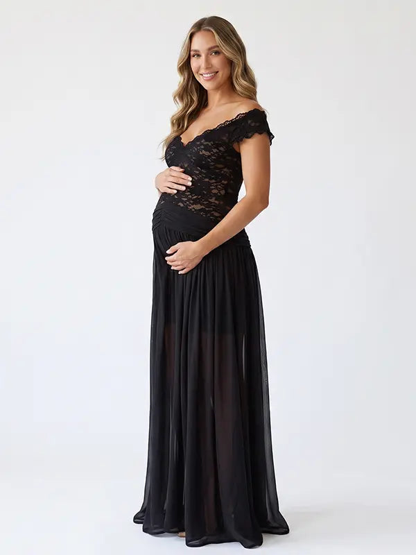 A black lace off shoulder maternity maxi dress with a flowing chiffon skirt for baby shower, maternity photoshoot, gender reveal and formal pregnancy occasions.