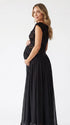 A black lace off shoulder maternity maxi dress with a flowing chiffon skirt for baby shower, maternity photoshoot, gender reveal and formal pregnancy occasions.