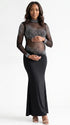 Pregnant woman wearing a black long sleeve rhinestone illusion mesh maternity mermaid maxi dress for luxury maternity photoshoots, baby showers, pregnancy announcements, editorial portraits, and formal events.