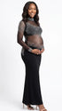 Pregnant woman wearing a black long sleeve rhinestone illusion mesh maternity mermaid maxi dress for luxury maternity photoshoots, baby showers, pregnancy announcements, editorial portraits, and formal events.