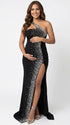 Black luxury sequin one shoulder maternity maxi dress with rhinestone embellishment and dramatic high slit
