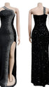 Black luxury sequin one shoulder maternity maxi dress with rhinestone embellishment and dramatic high slit