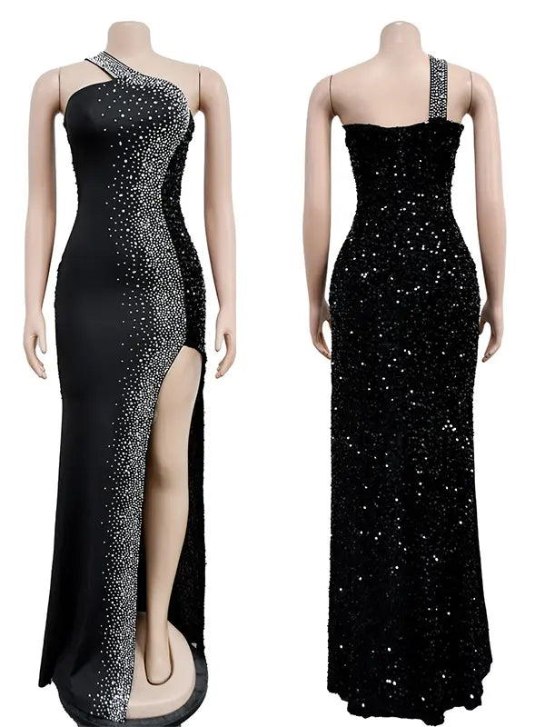 Black luxury sequin one shoulder maternity maxi dress with rhinestone embellishment and dramatic high slit