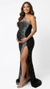 Black luxury sequin one shoulder maternity maxi dress with rhinestone embellishment and dramatic high slit