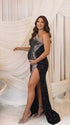 Black luxury sequin one shoulder maternity maxi dress with rhinestone embellishment and dramatic high slit