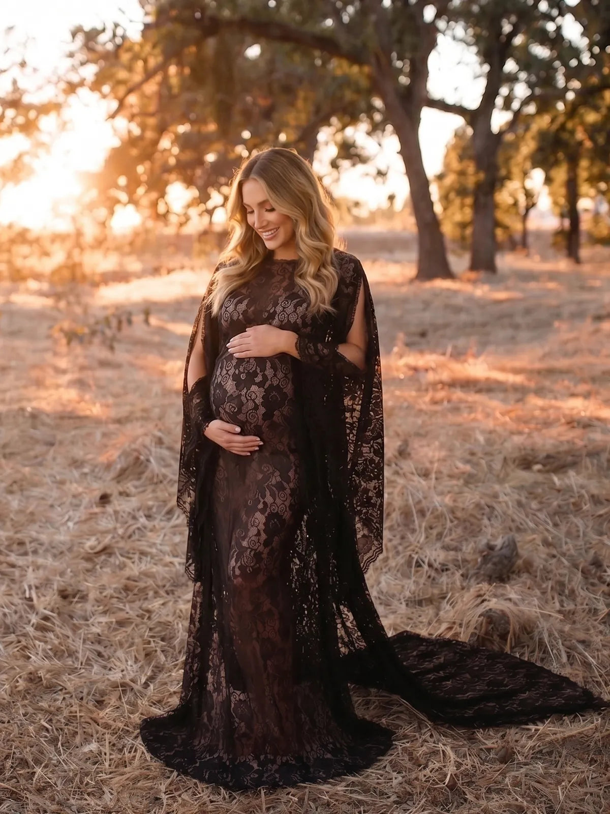 Black Maternity Photoshoot Dress with Train, Lace Pregnancy Gown for Maternity Photoshoot, Outdoor Photos, Pregnancy Announcement | Bumplook