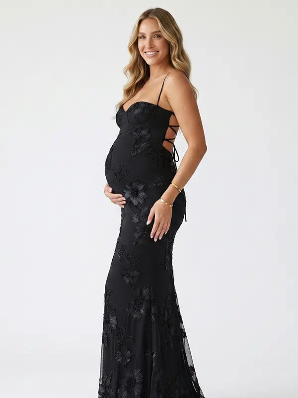 black maternity dress embroidered floral mermaid lace up back elegant evening pregnancy gown