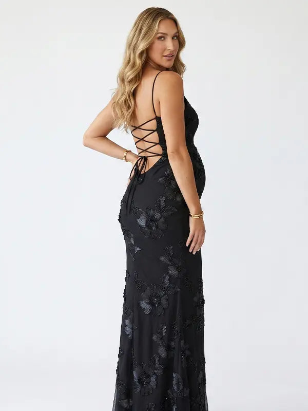 black maternity dress embroidered floral mermaid lace up back elegant evening pregnancy gown