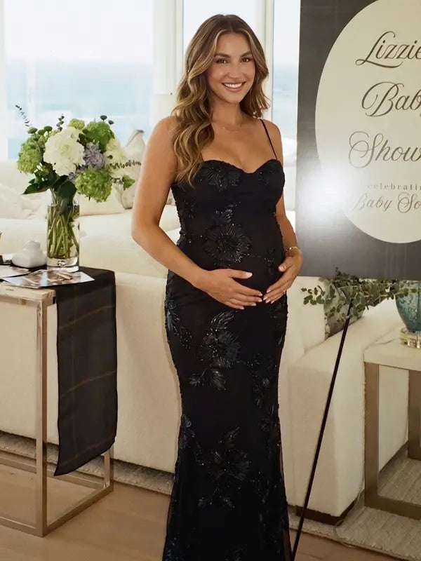 black maternity dress embroidered floral mermaid lace up back elegant evening pregnancy gown