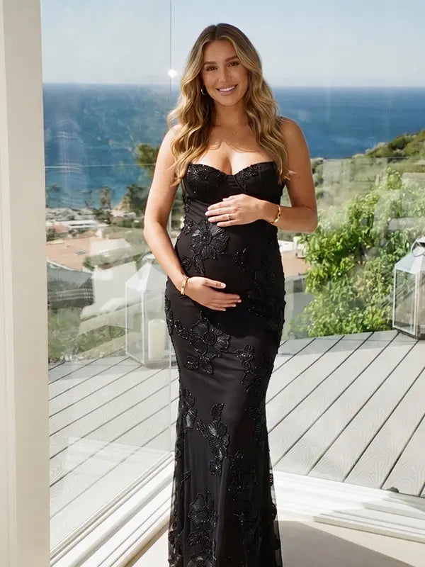 black maternity dress embroidered floral mermaid lace up back elegant evening pregnancy gown