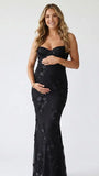 black maternity dress embroidered floral mermaid lace up back elegant evening pregnancy gown