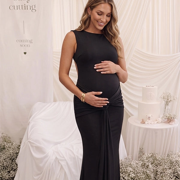 Black Ruched Maternity Dress with Fitted Long Silhouette | Bumplook