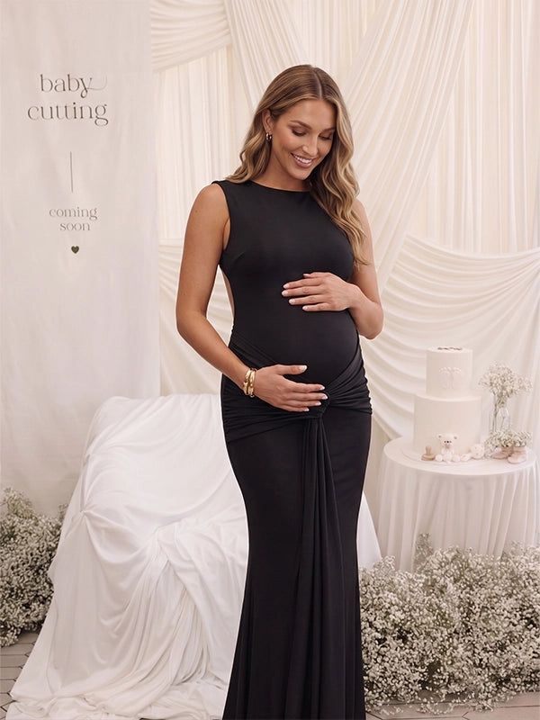Black Ruched Maternity Dress with Fitted Long Silhouette | Bumplook