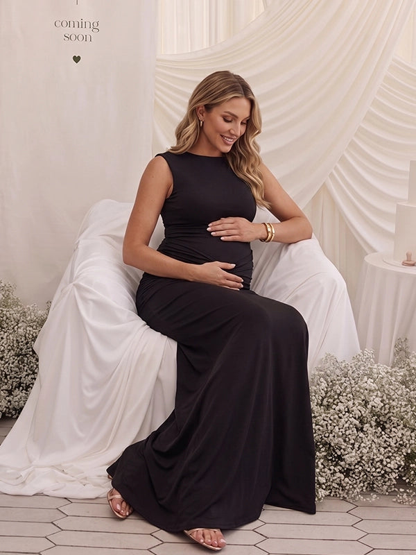 Black Open Back Maternity Dress with Ruched Bodycon Fit | Bumplook