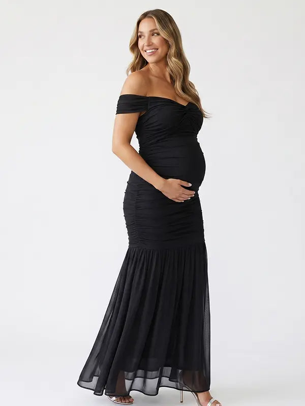 Black Off Shoulder Ruched Maternity Maxi Dress for Baby Shower and Wedding Guest
