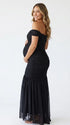 Black Off Shoulder Ruched Maternity Maxi Dress for Baby Shower and Wedding Guest