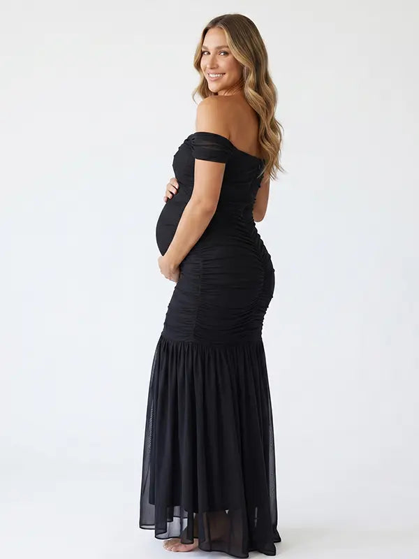 Black Off Shoulder Ruched Maternity Maxi Dress for Baby Shower and Wedding Guest