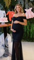 Black Off Shoulder Ruched Maternity Maxi Dress for Baby Shower and Wedding Guest