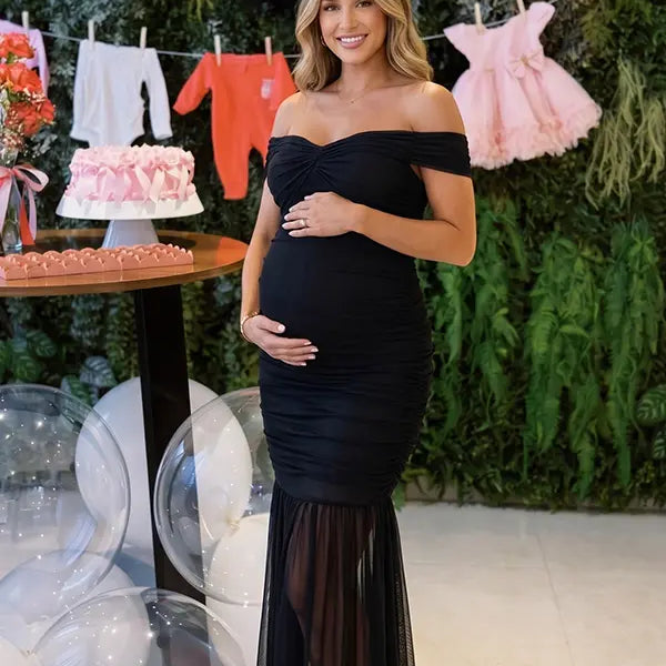 Black Off Shoulder Ruched Maternity Maxi Dress for Baby Shower and Wedding Guest