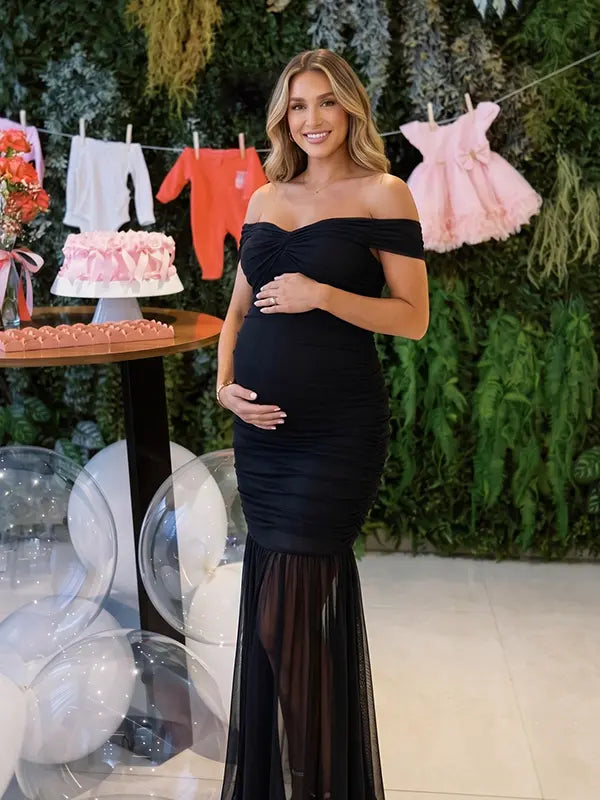 Black Off Shoulder Ruched Maternity Maxi Dress for Baby Shower and Wedding Guest