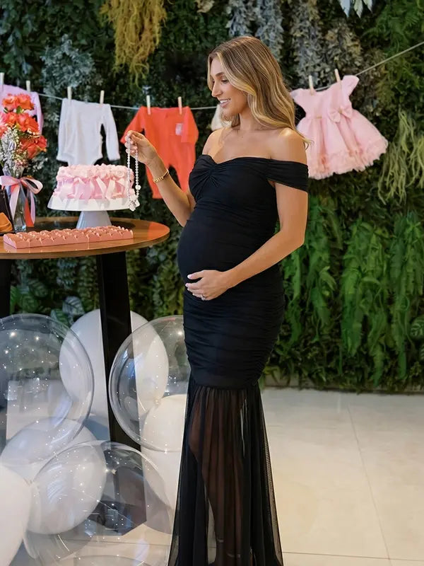 Black Off Shoulder Ruched Maternity Maxi Dress for Baby Shower and Wedding Guest