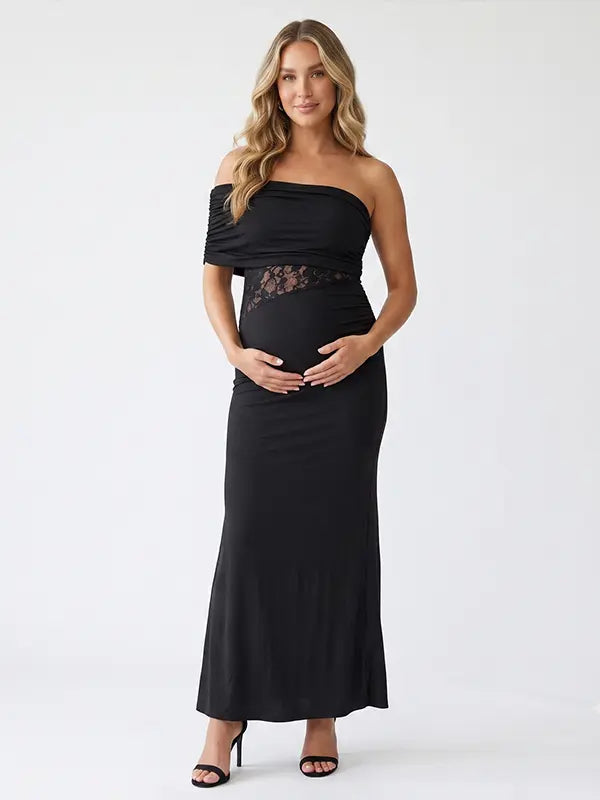 Black One Shoulder Maternity Dress, Lace Cutout Pregnancy Gown for Maternity Photoshoot, Pregnancy Announcement, Wedding Guest, Formal Event, Motherhood Portrait, Studio Photography | Bumplook