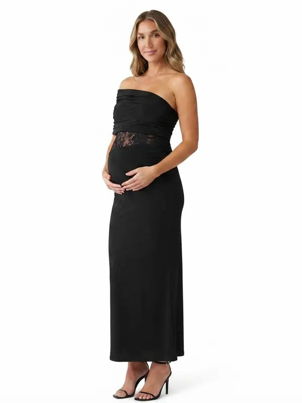 Black One Shoulder Maternity Dress, Lace Cutout Pregnancy Gown for Maternity Photoshoot, Pregnancy Announcement, Wedding Guest, Formal Event, Motherhood Portrait, Studio Photography | Bumplook
