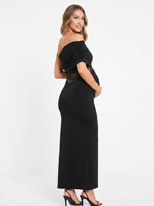 Black One Shoulder Maternity Dress, Lace Cutout Pregnancy Gown for Maternity Photoshoot, Pregnancy Announcement, Wedding Guest, Formal Event, Motherhood Portrait, Studio Photography | Bumplook
