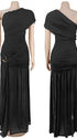 Black one shoulder maternity gown with ruched silhouette and high slit for elegant pregnancy photoshoots