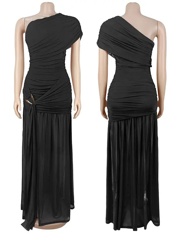Black one shoulder maternity gown with ruched silhouette and high slit for elegant pregnancy photoshoots