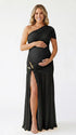 Black one shoulder maternity gown with ruched silhouette and high slit for elegant pregnancy photoshoots
