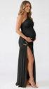 Black one shoulder maternity gown with ruched silhouette and high slit for elegant pregnancy photoshoots