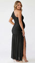 Black one shoulder maternity gown with ruched silhouette and high slit for elegant pregnancy photoshoots