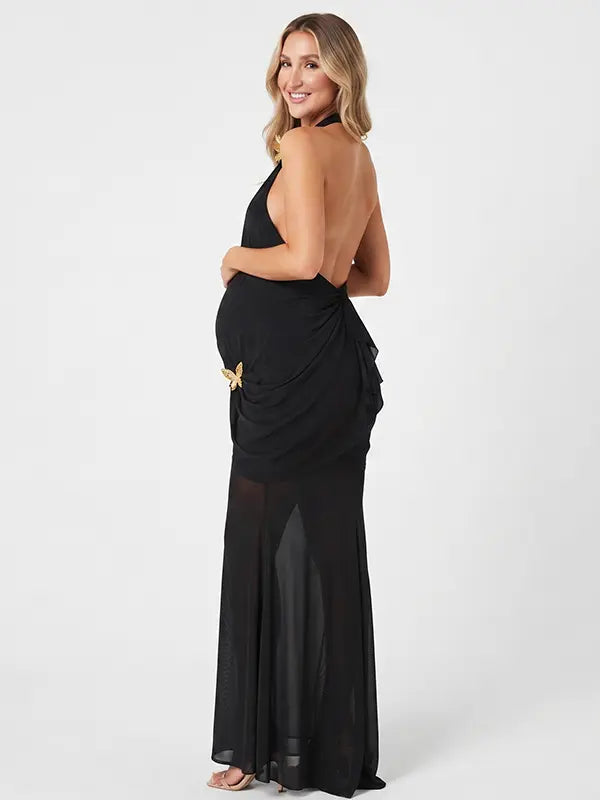 Black Butterfly Halter Maternity Dress with Draped Ruched Waist | Bumplook