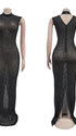 black rhinestone maternity gown with mock neck and sparkling bodycon silhouette