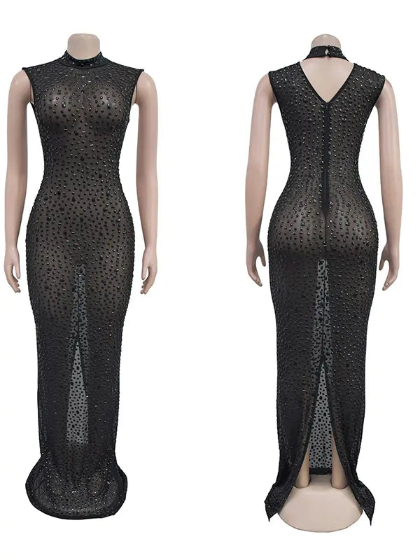 black rhinestone maternity gown with mock neck and sparkling bodycon silhouette
