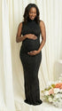 black rhinestone maternity gown with mock neck and sparkling bodycon silhouette