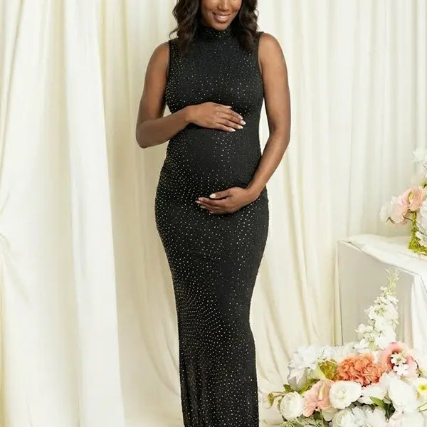 black rhinestone maternity gown with mock neck and sparkling bodycon silhouette