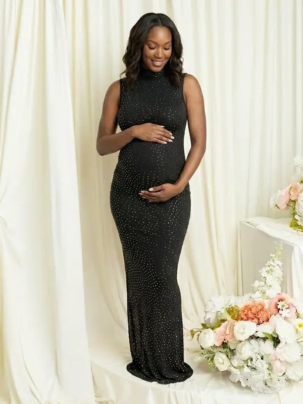 black rhinestone maternity gown with mock neck and sparkling bodycon silhouette