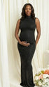 black rhinestone maternity gown with mock neck and sparkling bodycon silhouette