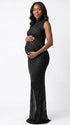 black rhinestone maternity gown with mock neck and sparkling bodycon silhouette