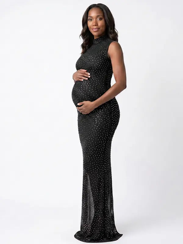 black rhinestone maternity gown with mock neck and sparkling bodycon silhouette