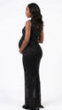 black rhinestone maternity gown with mock neck and sparkling bodycon silhouette