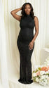 black rhinestone maternity gown with mock neck and sparkling bodycon silhouette