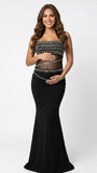Black Rhinestone Maternity Maxi Dress with Sheer Mesh for Pregnancy Photoshoot