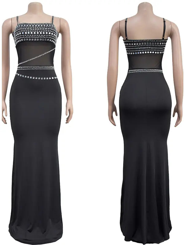 Black Rhinestone Maternity Maxi Dress with Sheer Mesh for Pregnancy Photoshoot